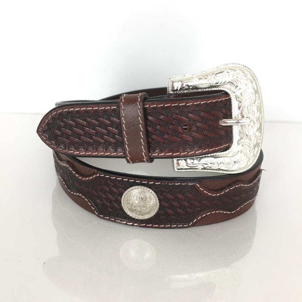 American Bison Tooled Leather Belt Brown Western Concho Size Medium